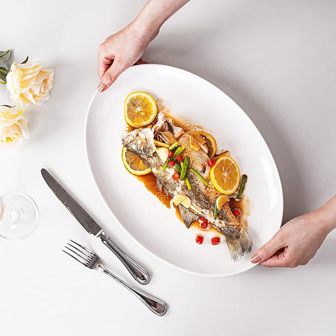 Serving Platters Set of 2 – 15.5 Inch Oval White Serving Platters, Large Porcelain Serving Platter Set for Party, Appetizers, Charcuterie, Sushi & Dessert, Microwave & Dishwasher Safe