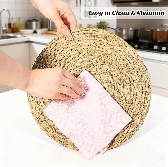 Elcoho 40 Pieces Round Woven Placemats 12 Inch Boho Rattan Placemats Farmhouse Braided Place Mats Woven Plate Chargers Rustic Wicker Table Mats for Dining Table