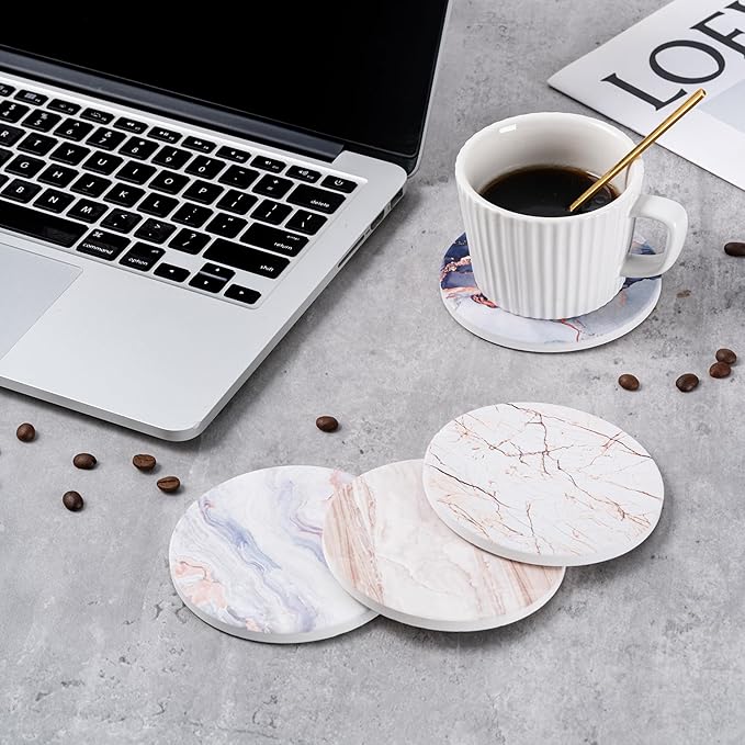 Hoewina 6Pcs Drink Coasters with Holder, Marble Style Ceramic Drink Coaster, Absorbent Coasters Set Suitable for Kinds of Cups, Modern Style Coasters for Coffee Table, 4 Inches（Ocean Style）