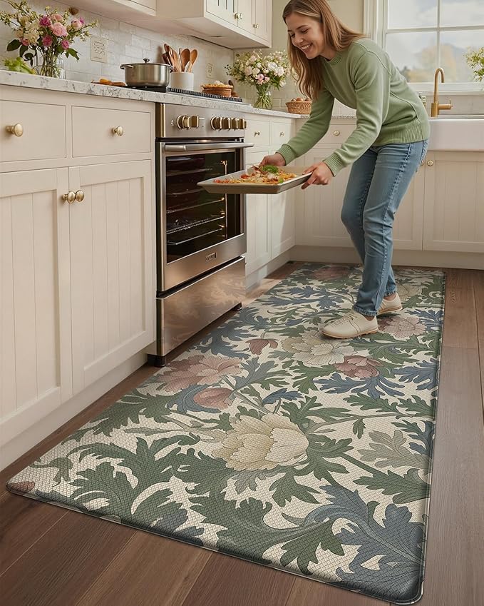 Color&Geometry Floral Kitchen Mat 24"x87", Anti Fatigue Kitchen Mats for Floor, Kitchen Rugs Non Slip, Waterproof & Oil Proof Padded Runner for Standing Desk Office, Sink - Floral Beige