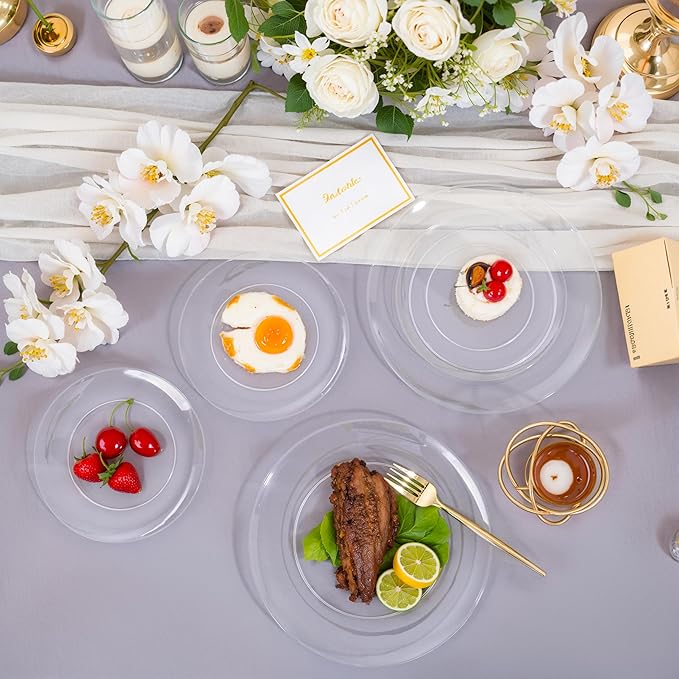I00000 200 PCS Clear Plastic Plates for 100 Guests Include: 10.25 inch 100 Pieces Dinner Plate and 7.5 inch 100 Pieces Dessert Plate, Clear Plates for Party Perfect for Party & Wedding