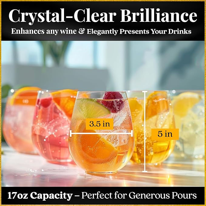 Improved Design of Our 2017 New York Times Best Stemless Glass – Set of 6 European-Made Stemless Wine Glasses, Reinforced Base for Added Stability & Premium Feel, Dishwasher-Safe, Lead-Free, 17 oz.