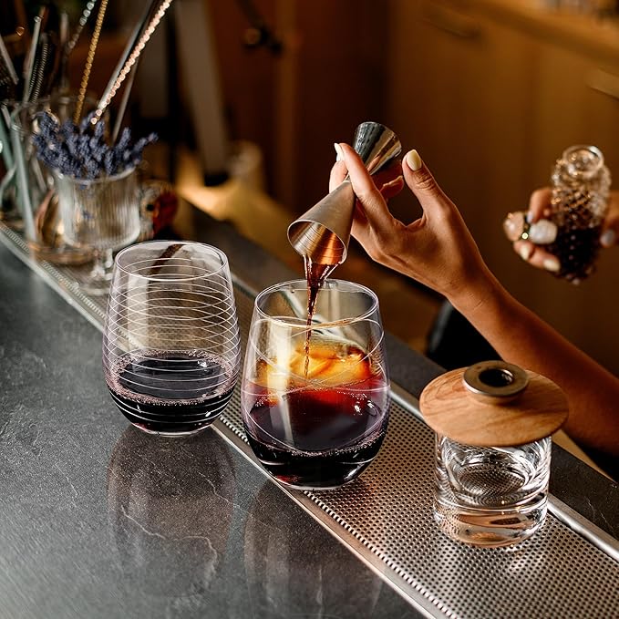 Joeyan Hand Blown Etched Stemless Wine Glasses with Dots Strips Pattern for Red Wine,Large Carved Drinking Glass Cups Tumblers for Wedding Anniversary Party Home,Set of 4,17.5 oz
