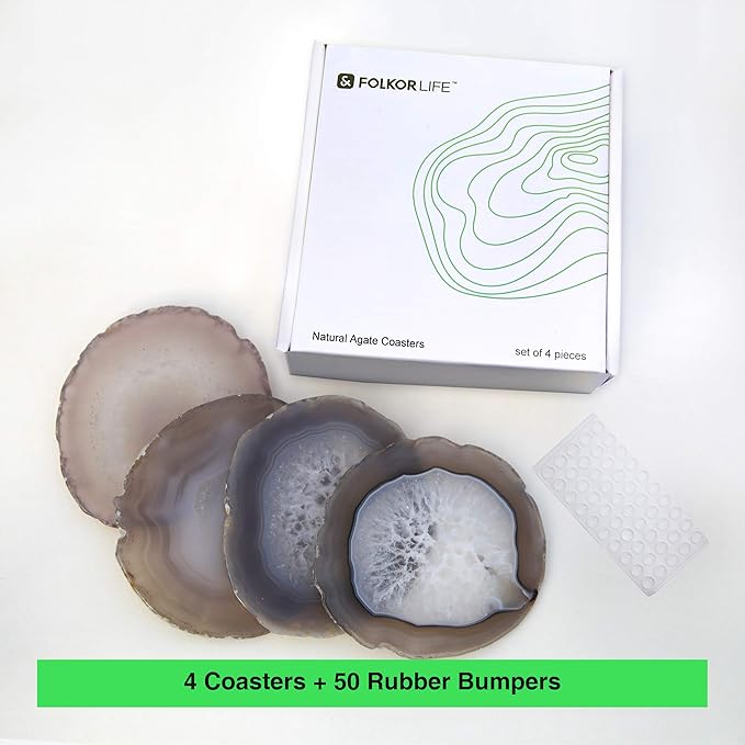 Natural Agate Coasters for Drinks, Geode Stone Coaster Slices Set of 4 Gemstone Drinkware Bar Glass Coasters for Coffee Table, 3.5-4" Agate Decor for Home Housewarming Gift Birthday