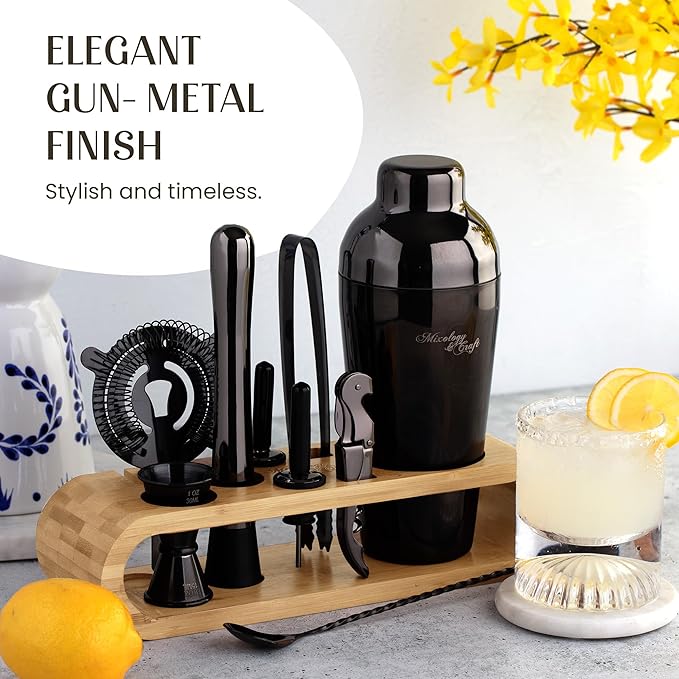 Mixology & Craft Cocktail Shaker Set with Bamboo Stand - Professional 18oz 10-Piece Bartender Kit - Complete Bar Set & Cocktail Mixer Kit for Home (Gunmetal)