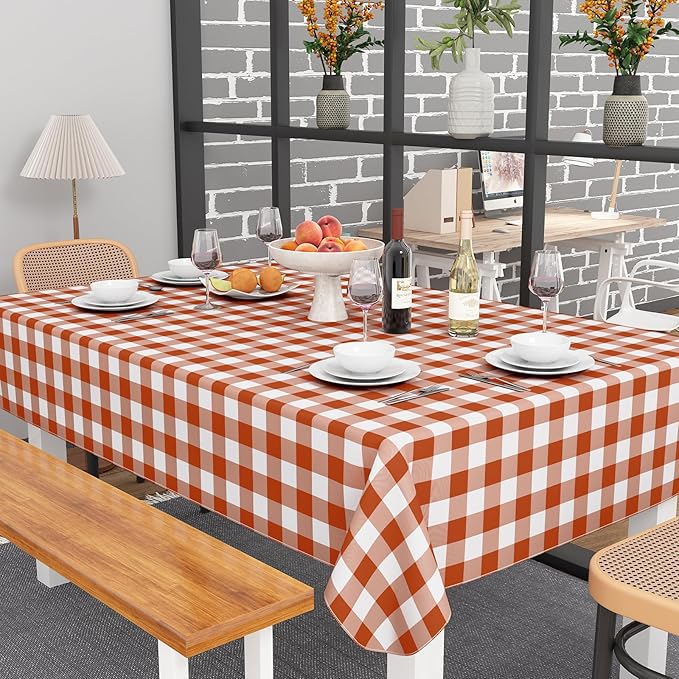 misaya Rectangle Waterproof Vinyl Table Cloth, Buffalo Flannel Backed Tablecloth, Wipeable Plastic Table Cover for Dinner, Kitchen, Picnic, (60" x 84", Rust and White)