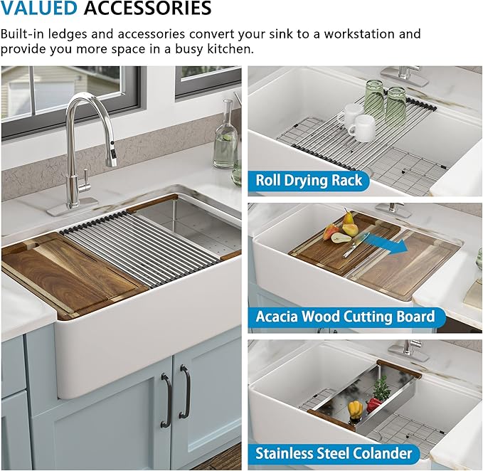 33 White Farm Sink Workstation - Fulorni 33 Inch Farmhouse Kitchen Sink with Slide Ledge Flat Apron Front White Ceramic Porcelain Fireclay Single Bowl Farmer Style Basin