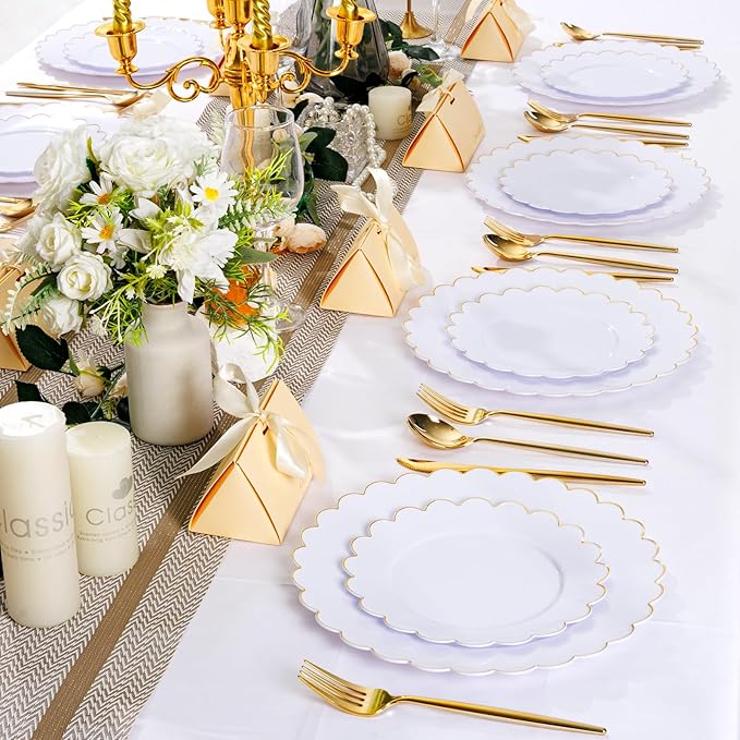 LIYH 60 Pcs Gold White Plastic Plates Scalloped Plastic Holiday Plates Disposable Gold Combo Plate Includes 30 Dessert & 30 Dinner Plate Dishes for Valentine's Day and Mother's Day