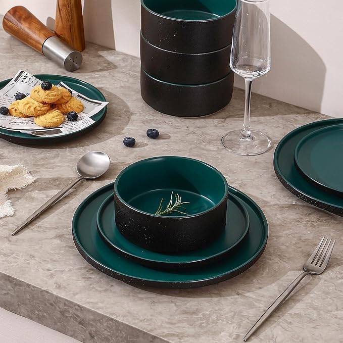 GZG Classic Series - Plates and Bowls Set for 8, 24 Piece Stoneware Dinnerware Sets, Microwave and Dishwasher Safe Lead-Free Handcrafted Ceramic Dishes Set - Malachite Green