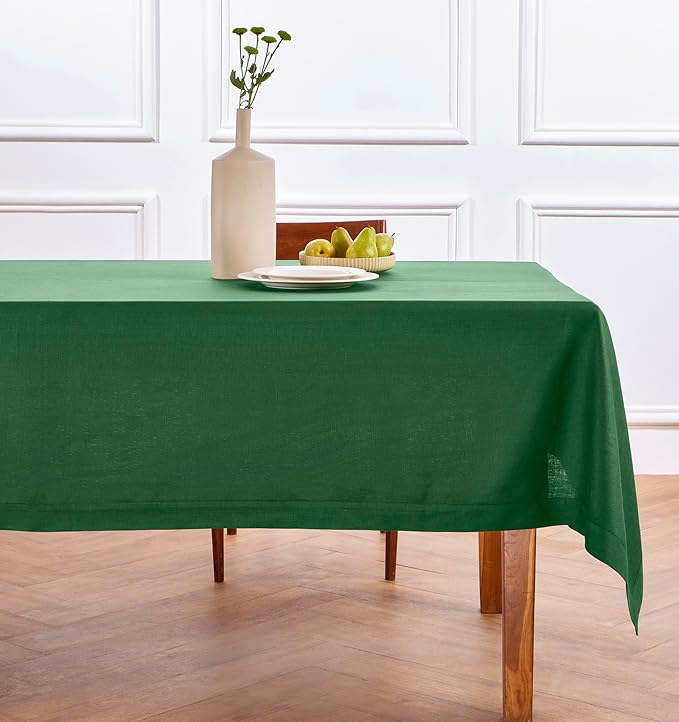 Solino Home Linen Tablecloth for Rectangle Tables 60 x 108 Inch - 100% Pure Linen Pine Green Table Cloth - Fete, Machine Washable Cloth Tablecloth for St Patricks Day