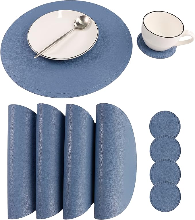 Set of 8 Faux Leather Round Placemats and Coasters, Coffee Mats Kitchen Table Mats, Waterproof, Easy to Clean for Kitchen Dining Round Table