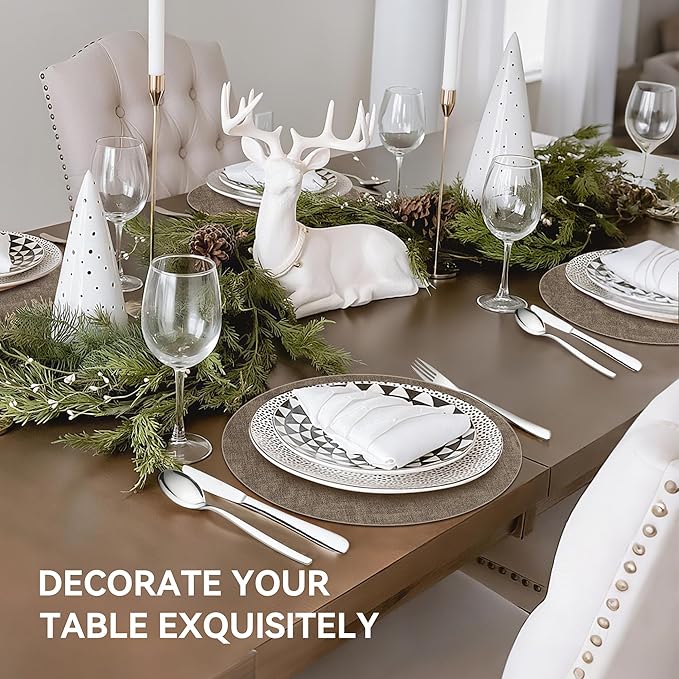 13" Round Placemats Set of 12, Reversible Faux Leather Heat Resistant Table Mats, 100% Waterproof Oilproof Wipeable Table Protective Placemats for Vinyl, Washable for Indoor (12, Dark Coffee)