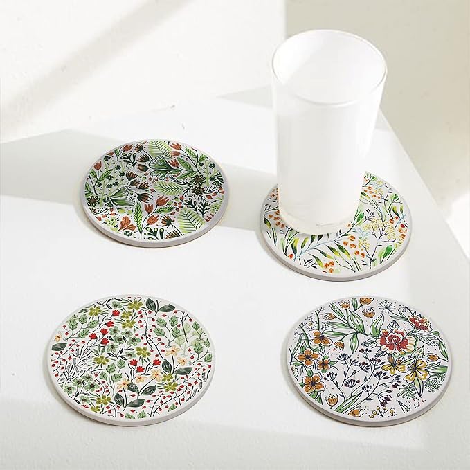 AD Set of 6 Coasters for Drinks Absorbing Round Ceramic Stone Coaster with Cork Base,Tabletop Protection Mat for Mugs and Cups,Office,Kitchen (Bontanicals)