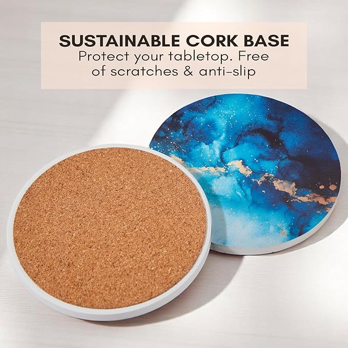 Ceramic Absorbent Coasters Set of 6 with Holder, Drink Coasters for Coffee Table, Kitchen & Home Decor, Cute Round Ceramic Coasters, Alternative to Silicone, Cork or Glass (Sapphire)