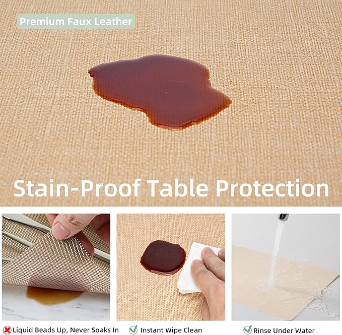 Heat Resistant Placemats Set of 4, 17x12in Waterproof Wipeable Faux Leather Non Slip Table Mats, Easy to Clean, Stain Resistant, for Kitchen Dining Room-– Warm Tan