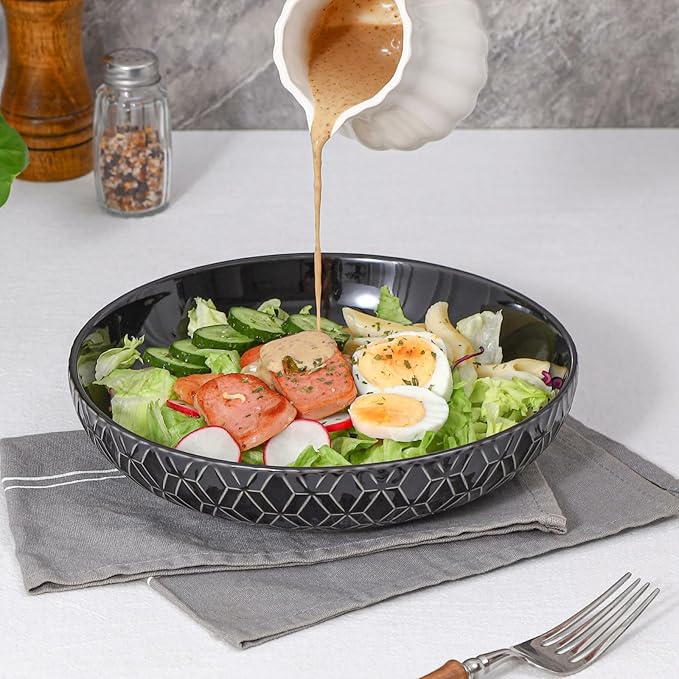 Sureasy 9.7" Pasta Bowls Set of 4-42 oz Large Salad Bowls for Kitchen, Embossed Ceramic Serving Bowls for Fruits, Soup, Pasta and Salad, Microwave & Dishwasher Safe, Black