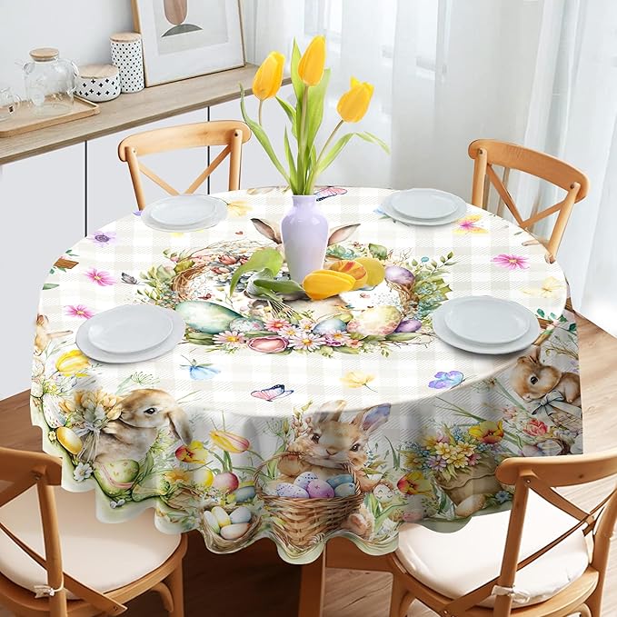Easter Tablecloth 60 x 120 Inch Rectangle, Easter Bunny Table Cloth Buffalo Check Plaid Kitchen Table Cover for Dining Room Spring Oblong Tablecloth Indoor Decor