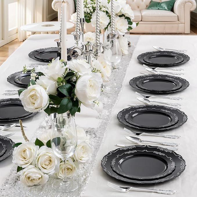 DaYammi 60PCS Black and Silver Plastic Plates, Heavy Duty Black and Silver Disposable Plates Premium 10inch Dinner Plate Hard Plastic Plate Disposable for Party and Wedding