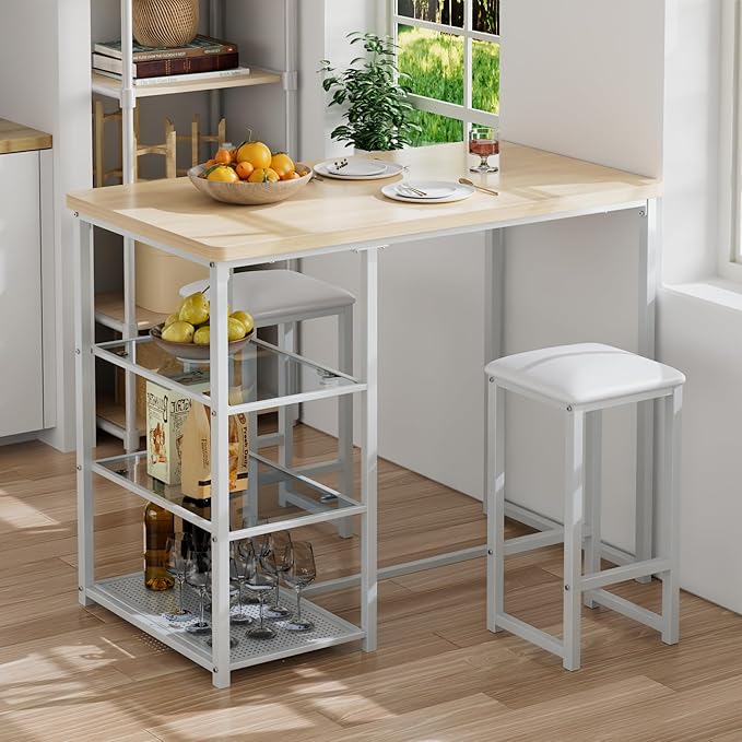 VECELO Small Bar Table and Chairs Set for 2, Upholstered Stools & Glass Storage Shelves, for Kitchen Dining Breakfast Nook, Space-Saving, Natural & White