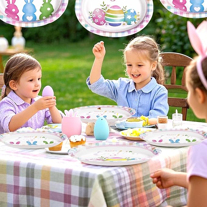 50 Pcs Easter Oval Paper Plates 10" x 12" Large Easter Bunny Egg Plates Heavy Duty Disposable Rabbit Dinner Plate Colorful Plaid Platters for Spring Holiday Baby Shower Birthday Party Supplies Decor