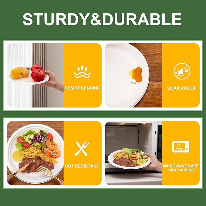DaYammi 100% Compostable Paper Plates 10 Inch, 60-Pack Heavy Duty Paper Plates Bulk,Biodegradable Bagasse,Eco-Friendly Disposable Dinner Plate for BBQ,Picnic,Party (BPI Certified,Microwaveable)