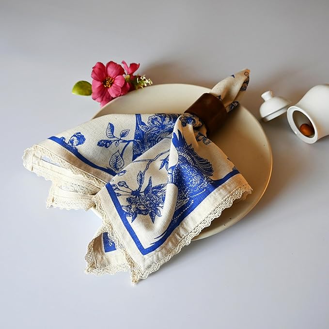 FINGERCRAFT Dinner Cloth Napkins Cotton Blend Set of 12 Blue Bird Premium Quality Mitered Corner with Natural Lace for Home Rastaurant Wedding Christmas Napkins Cloth 20 inch Toile Lace