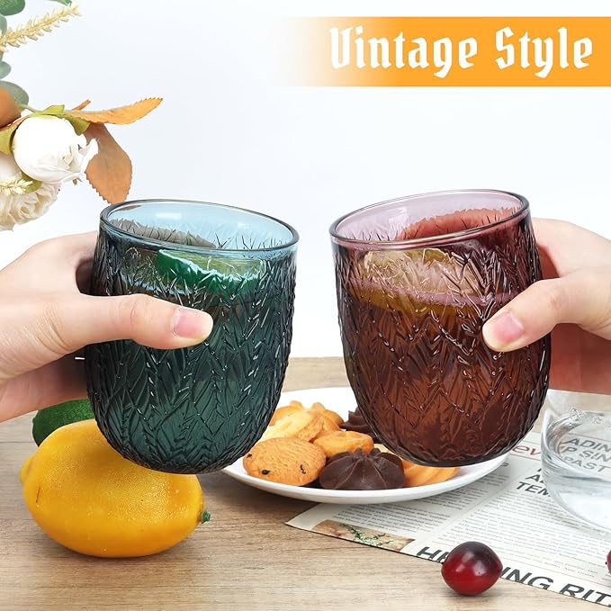 Topsky Vintage Colored Glassware Set of 6,12 oz Green Willow Leaf Drinking Glasses Set,Blue Drinkware Glasses for Wine,Cocktail,juice,Heavy Duty Glass Cups