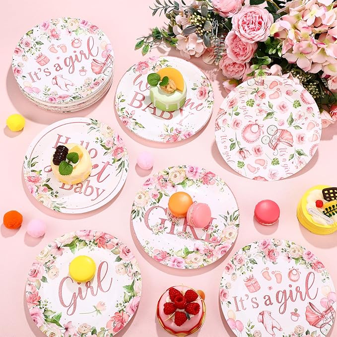 60 Pcs 7 Inch Baby Shower Paper Plates Girl Pink Floral Baby Shower Plates Decorations Sweet Tableware It's a Girl Party Supplies Favors for Gender Reveal Theme Party