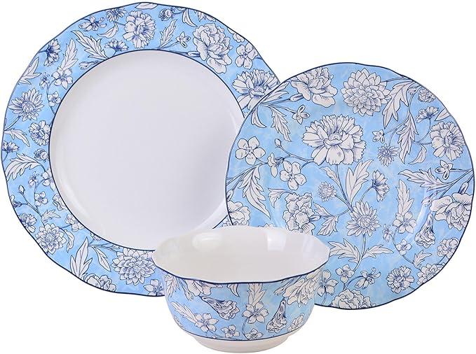 222 Fifth 12-Piece Porcelain Dinnerware Set for 4, White & Light Blue Plates and Bowls Set, Glossy Ceramic Dish Set with Ornate Floral Design, Kitchen Tableware, Microwave & Dishwasher Safe, Cleremont