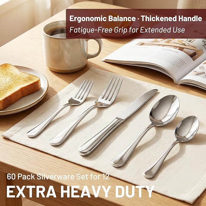 KIKCOIN 60 Pack Silverware Set for 12, Heavy Duty Stainless Steel Flatware Set, Mirror Polished Forks and Spoons Knife Set, Dishwasher Safe Cutlery Utensils Set for Home Kitchen Restaurant Wedding