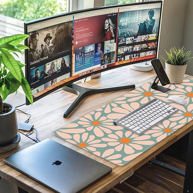 iCasso Desk Mat, XXL Large Mouse Pad, Anti-Slip Big Mousepad with Stitched Edges, Work & Gaming (Green Floral)