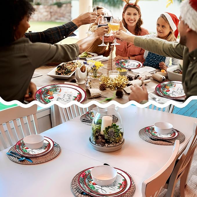 48 Pcs Christmas Paper Plates Include 9 Inch Joy to The World Plate 7 Inch Watercolor Pine Xmas Ball Plate for Holiday Party Supplies
