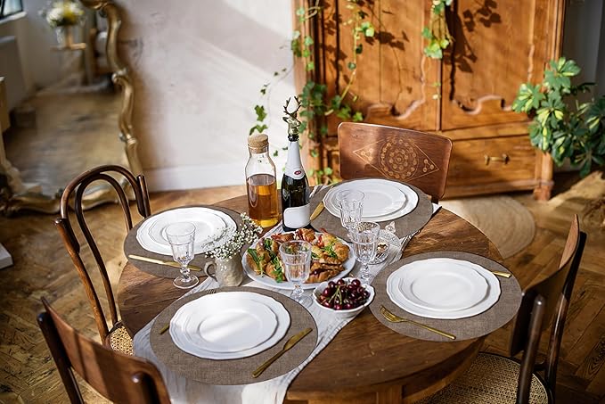 homing Round Faux Leather Placemat and Coaster 6 Packs, Washable Heat Resistant Dining Place Mats, Wipeable Double-Sided Table Mats for Indoor and Outdoor, Diameter 13 and 3.93 inch, Brown
