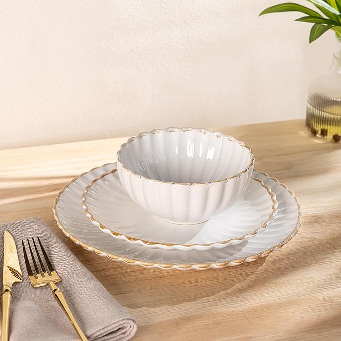 GBHOME Stoneware Dinnerware Sets for 4,Handcrafted Embossed Design Reactive Glaze Ceramic Plates and Bowls, Dishwasher and Microwave Safe, Service for 4(12pcs),Pearl White
