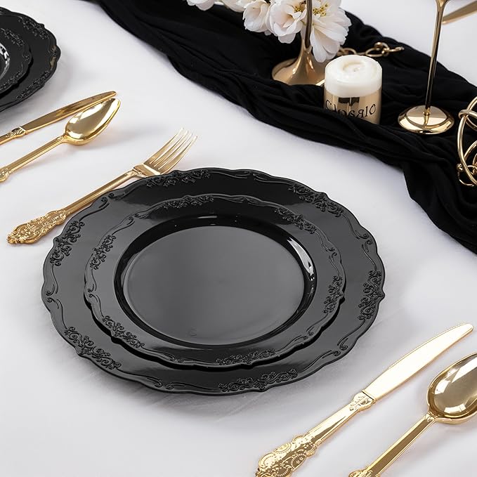 DaYammi 60PCS Black Plastic Plates, Heavy Duty Black Disposable Plates Premium 10inch Dinner Platos Hard Plastic Platos Disposable for Party and Wedding Bridal Shower