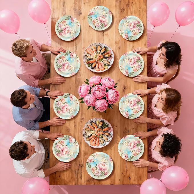 50Pcs Peony Floral Party Supplies 9" Vintage Floral Paper Plates Disposable Pink Peonies Tableware for Birthday Bridal Shower Baby Shower Wedding Party Decorations