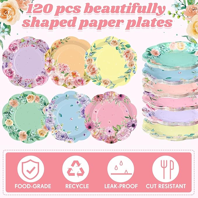 Umigy 120 Pcs Summer Fall Floral Party Plates 7 Inch Floral Paper Plates, Summer Flower Disposable Decorative Tableware for Birthday Wedding Baby Shower Tea Party Bridal Shower