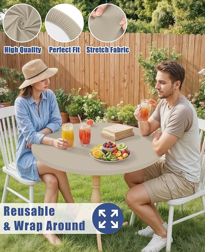 Round Spandex Tablecloth 2 Pack, Elastic Fitted Waterproof Tablecloths for 36"-44" Tables, Stretch Washable Picnic Table Cover for Camping, Dining, Indoor and Outdoor, Taupe