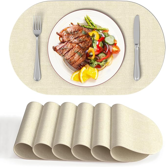 DOLOPL Large Placemats Set of 6, Oval Reversible Wipeable & Non-Slip Place Mats, Modern Faux Leather Table Mats for Kitchen, Neutral Tablemats for Dining Table Decor, Wedding, Party(Beige)