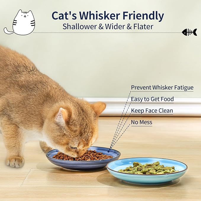 Selamica Ceramic Cat Bowls, 6 Inch Cat Food Bowl Whisker Friendly, Shallow Wide Kitten Plates for Food and Water, Set of 4, Gradient Blue