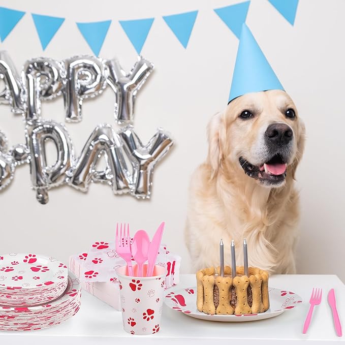 Kochorie 400 Pieces Pink Paw Disposable Party Tableware Sets Dog Puppy Supplies Including Plates Cups Napkins Cutlery Serves 50 for Birthday Puppy Theme Party Decorations