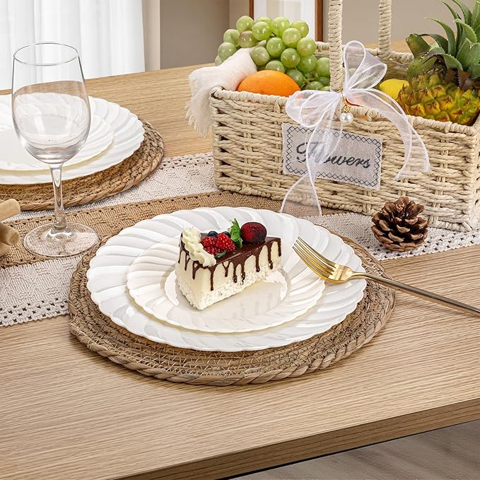 U-QE 60 Pcs Ivory Plastic Plates for Party – Scalloped Plastic Plates Heavy Duty & Elegant – Include 30 10.25" Dinner & 30 7.25" Dessert Plates - Perfect for Party & Wedding