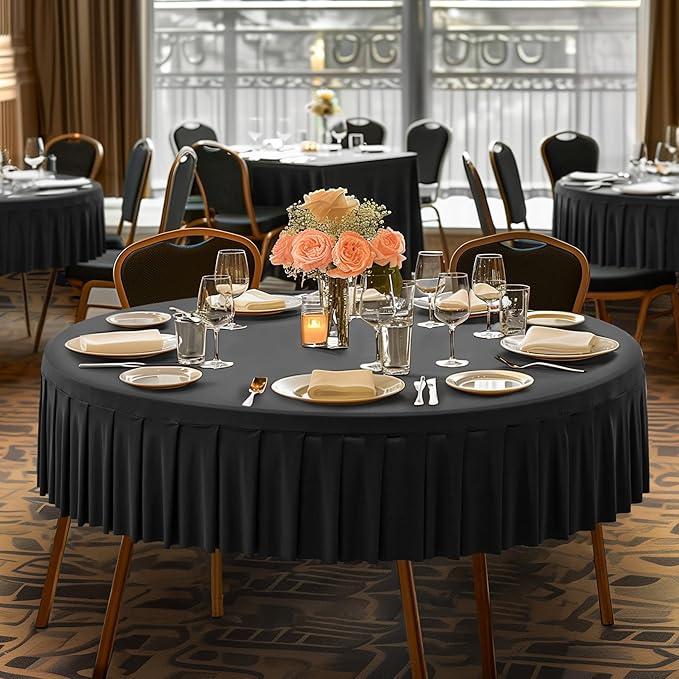 2 Pack Black Spandex Round Tablecloths for 72in Table, Stretchy Fitted 6FT Round Table Cloths, Wrinkle Free Table Cover with Skirt for Wedding Birthday Party Bridal Shower Banquet