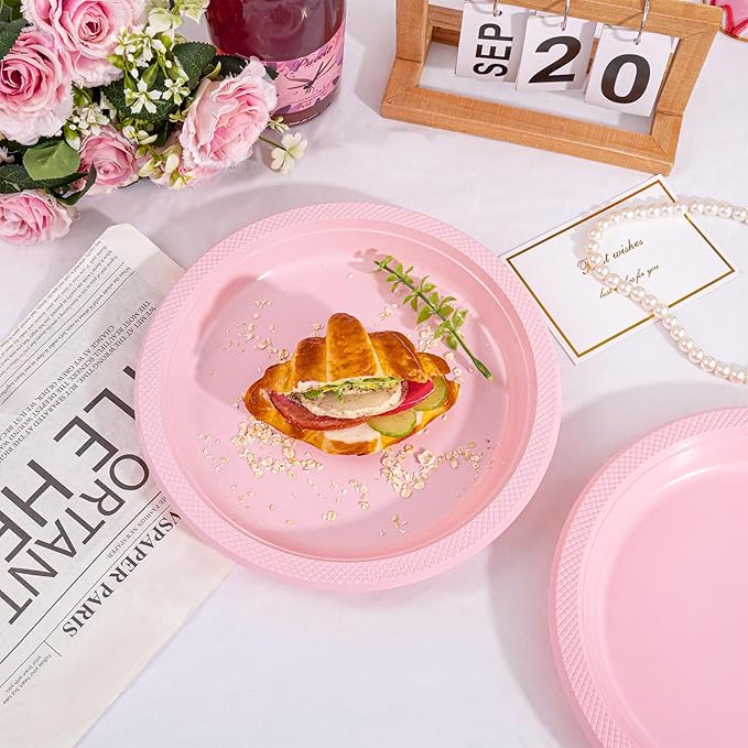 WELLIFE Pink Plastic Plates 10 Inch -150 Count for Party, Disposable Plastic Party Plates for Valentine's Day Easter Mother's Day Baby Shower Dinner Dessert Cake Light Pink