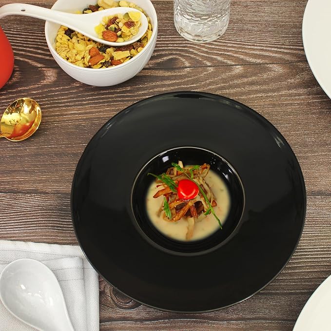 Ceramics Rimmed Soup Bowls 8.8 oz, Black 11.6 inch Exquisite small soup plate Set of 4, Pasta plates With Rim is the best choice for hotels, kitchens, fine restaurants and gourmets