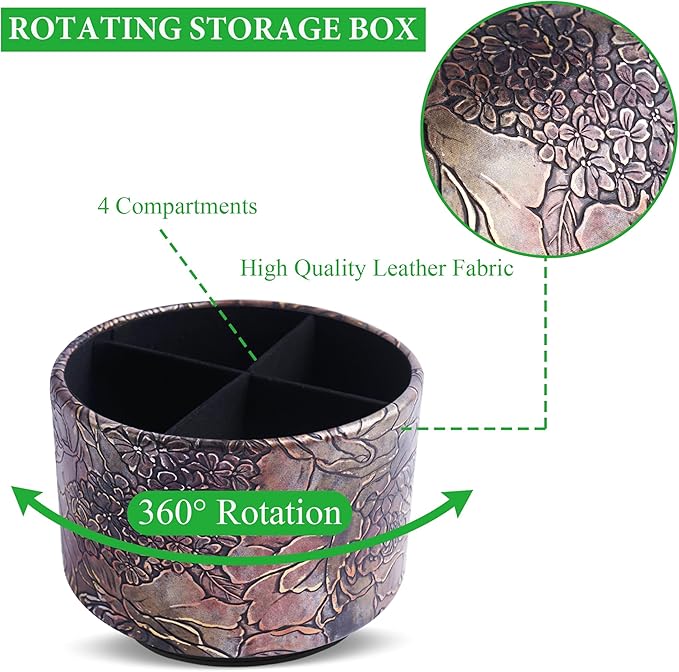 Round Leather Art Supply Organizer,Remote Control Holder,360 Degree Spinning,Multi-Functional Pencil Holder,4 Compartments Desktop Stationary Organizer(1-Rich Flower Gold)