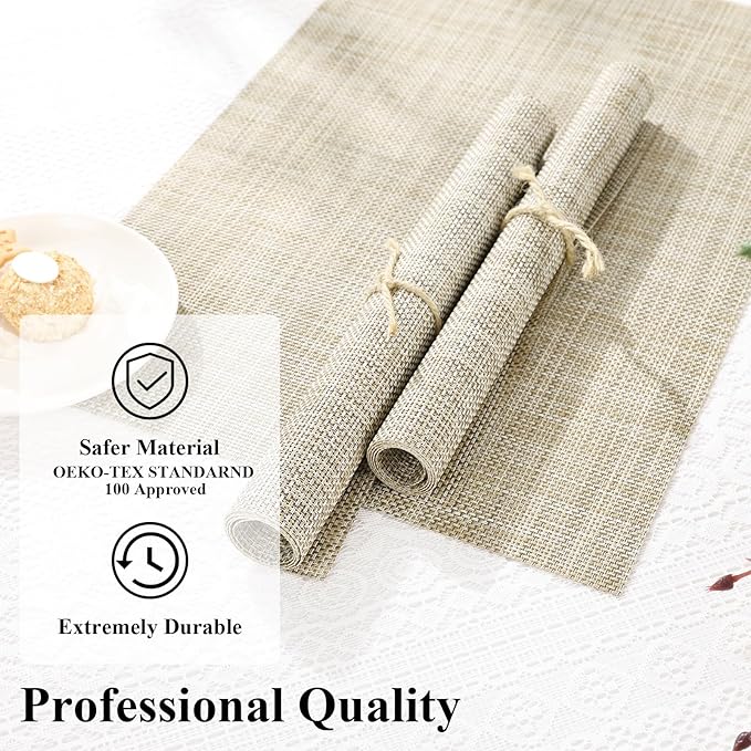 SHACOS Easy Clean Placemats Set of 4 Woven Vinyl Reversible Plastic Place Mats Heat Resistant Stain Resistant Dining Table Mats Indoor Outdoor Table Decor, Beige