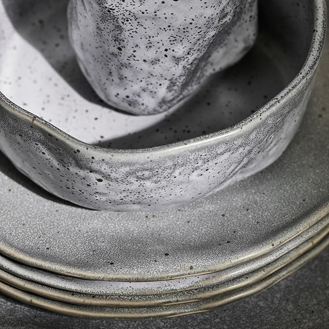 Stone by Mercer Project Atik Modern Stoneware 32-Piece Dinnerware Set, Plate and Bowl Set, Dish set for 8, Grey Speckled