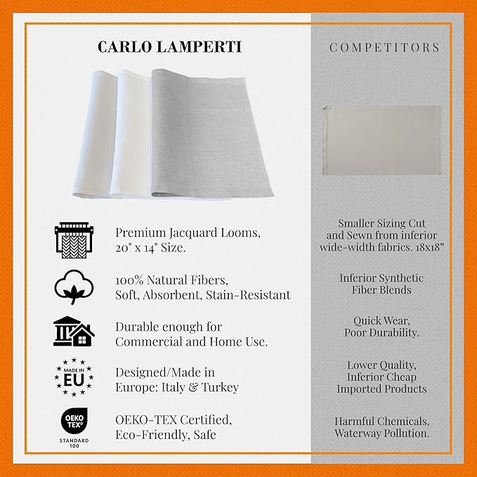 Premium European Cloth Table Linen Placemats - 56% Cotton 44% Linen Fabric, Jacquard Woven Design - for Occasions or Daily Use - Machine Washable - Carlo Lamperti Italy - Natural, 20"x14" (Set of 4)