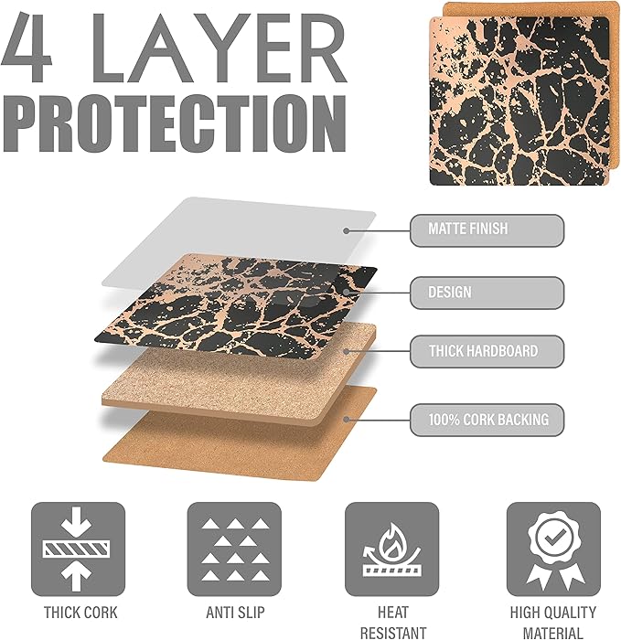 Dainty Home Black Rose Gold Marble Square Cork Placemats - Heat Resistant Placemats, Non-Slip, Easy Clean Placemats for Elegant Dining - 15"x15" Set of 2 - Perfect for Stylish, Modern Homes